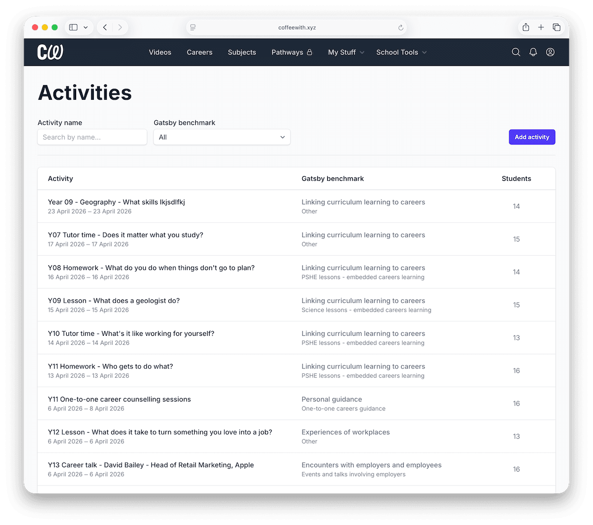 Student activity tracking