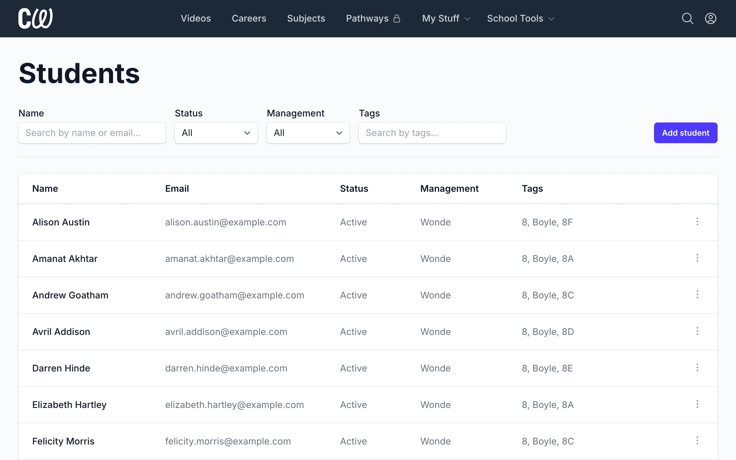 Viewing and filtering students